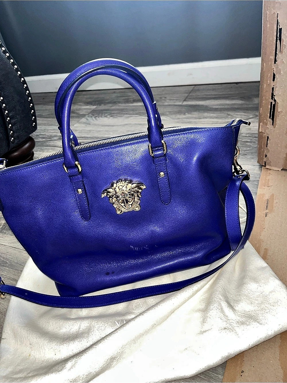 Versace La Medusa Leather Tote Bag Blue
